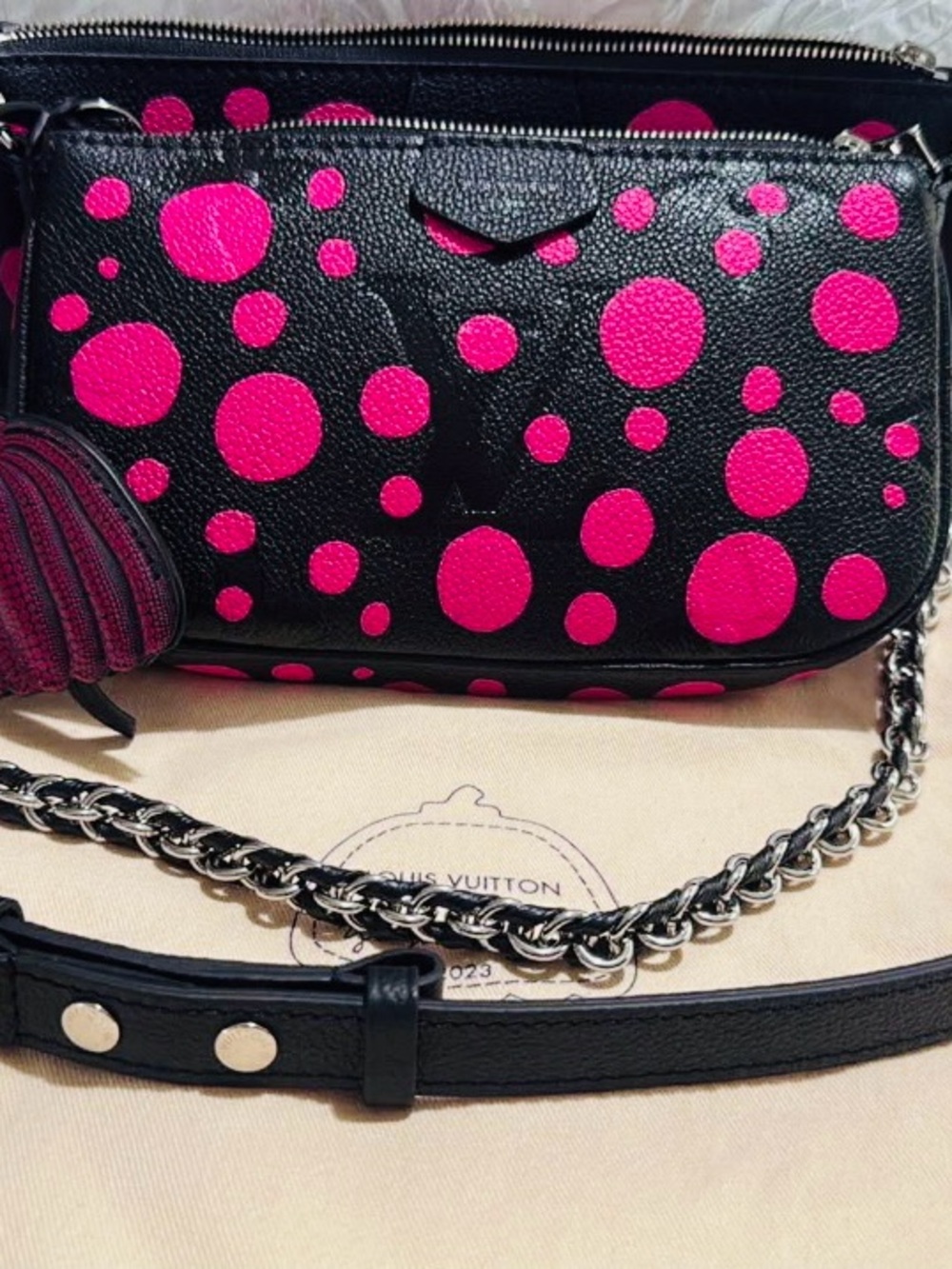 Louis Vuitton Black Leather Crossbody with Hot Pink Polka Dots